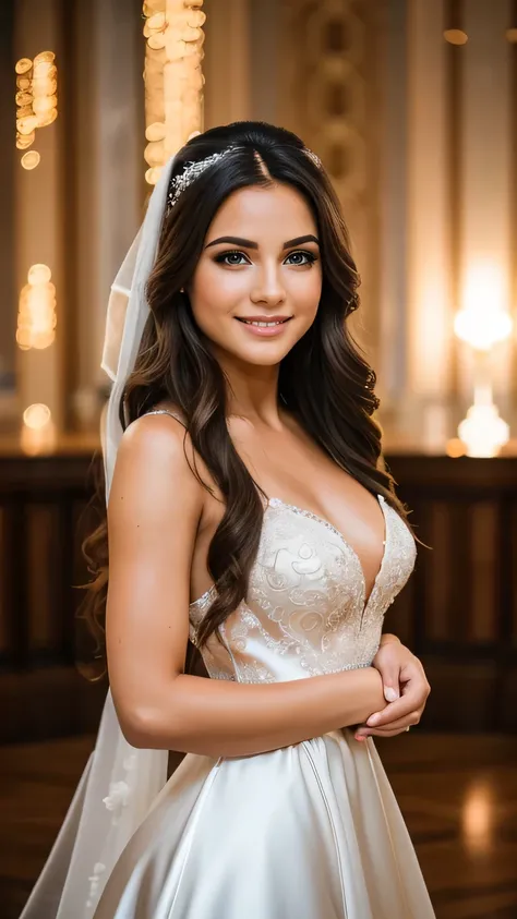 Realistic photo of the whole body of a smiling woman, Beautiful brunette woman with long hair, She dances in front of the camera in a long A-line wedding dress with straps made of shiny satin., Park,glamour fotoshooting, Wedding celebration, perfect anatom...