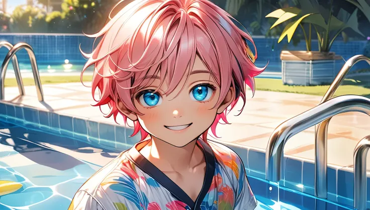 1 cute boy, young boy, solo, cute and adorable, shota, ((shiny pink hair)), short hair, happy smile, shiny clear eyes, cool summer clothes, cotton shorts, standing, pool side, sunlight, upper body, face focus, detailed eyes, best quality, colorful, super f...