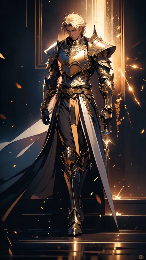 envision a 8k, highres, cinematic, detailed, semi realistic (((full body splash art))) of a handsome knight with sleek elegant b...