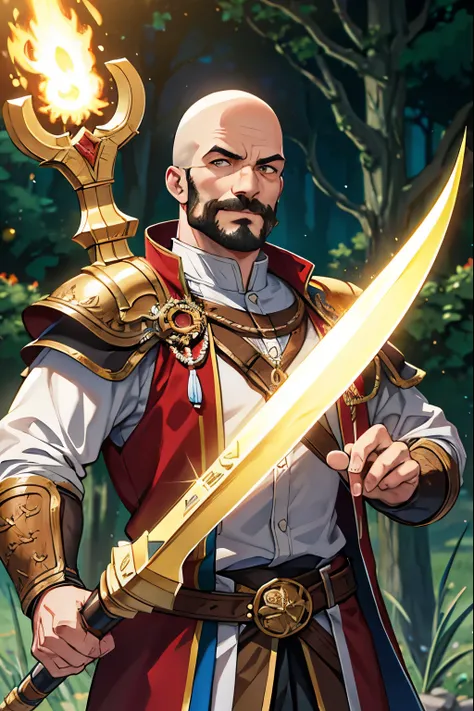 highly detailed portrait of a bald muscular man with a friendly face and a brown mustache, wearing medieval clothing and holding a golden axe, in the style of anime, fantasy forest background, artwork, (best quality,4k,8k,highres,masterpiece:1.2),ultra-det...