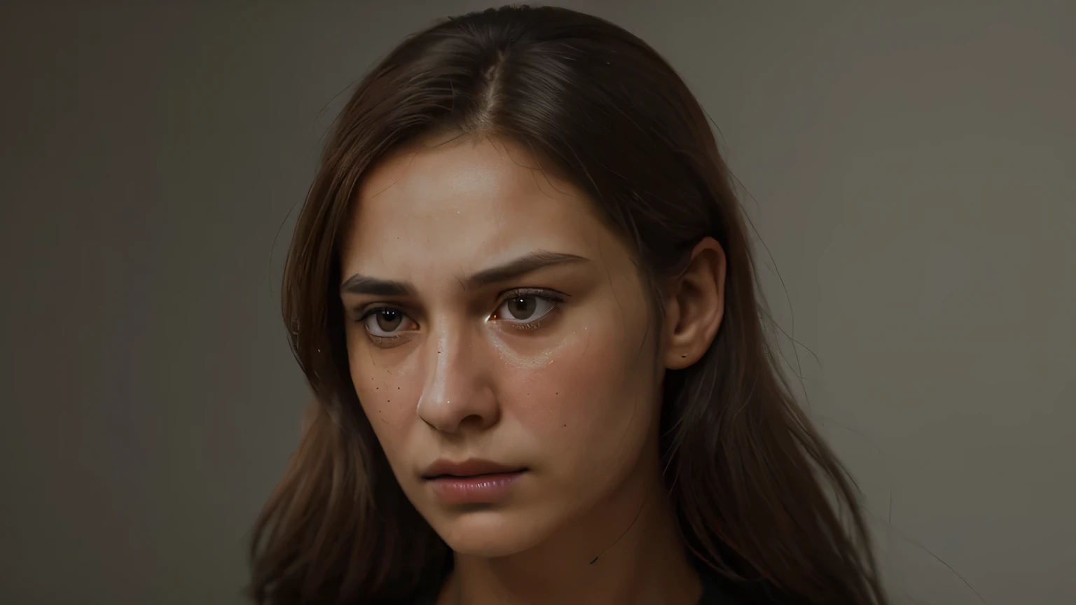 (best quality, realistic: 1.2, high resolution: 1.05), photorealistic, camera angle close to the right, creation of a 30 year old woman, very beautiful, with an expression of ((concern)), very sad, irritated, frowning. (ultra-detailed, highly detailed, sup...