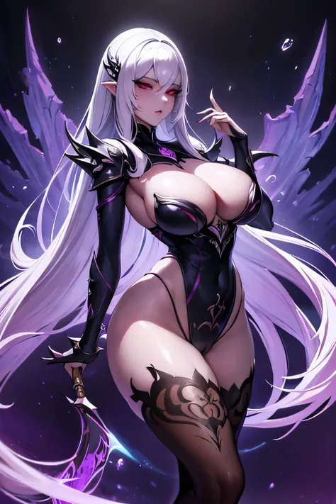 Beautiful alluring female, (drow knight:1.2), (female knight), (mythology theme:1.1), (fantasy theme), (purple skin:1.2), (fair long white hair:1.1), (red eyes:1.1), (inside a magical dark bioluminescent mushroom forest:1.1), (barely clothed), (gothic spik...