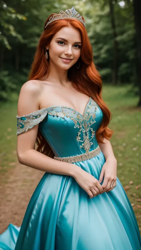 Realistic photo of the fullbody of a smiling Princess, beautiful red haired Princess with long hair, She dances in front of the camera in a long princess gown with off-shoulder straps made of shiny darkblue satin., Crown, Park,glamour fotoshooting, Wedding...