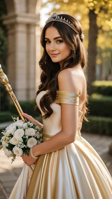 Realistic full body photo of a smiling princess, beautiful brunette magical princess with long hair, She dances in front of the camera in a long princess dress with off-the-shoulder straps made of shiny satin., crown, Park,glamour fotoshooting, Wedding cel...