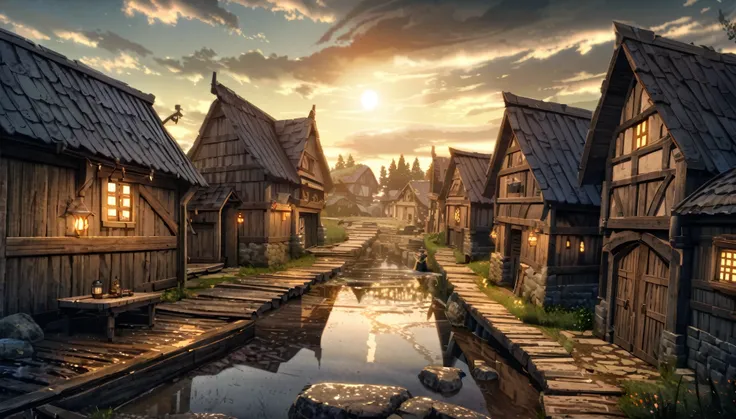  early autumn in the medieval village, old wooden houses, muddy road, after rain, rain water ponds, bright sun next to the clouds, perfect skies, fantasy aestetics, dnd, dungeons and dragons, a little tavern at right from the main road, wooden fences, kids...