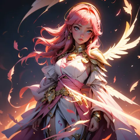 envision a 8k, highres, cinematic, beautiful close up Pinup of a sexy older mature goddess with a strong face, pink hair, long bangs, pink eyes, halo, waist wings, heavenly armor, heavenly feather cape, golden aura, magic effects, pale skin, (((1girl))), i...