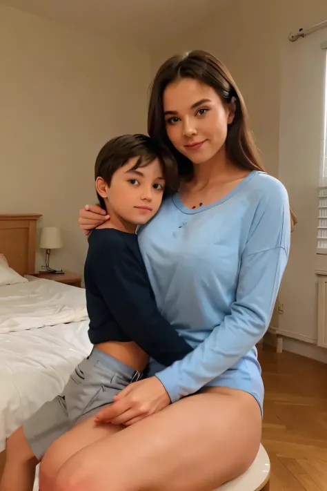 young boy sitting on his mother's lap in a cozy bedrooms, blue appropriate underwear clothes. mommy and son, 1boy, thick thighs,...