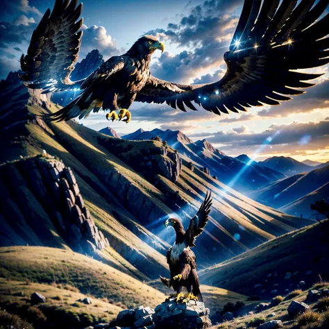 a majestic golden eagle, detailed feathers, piercing eyes, sharp beak, powerful wings, soaring over a rugged mountain landscape, dramatic lighting, cinematic composition, golden hour color palette, realistic 4K detail