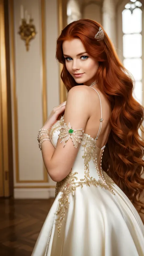 realistic photo of the upper body of a smiling princess, beautiful red haired princess with long hair, she dances in front of th...