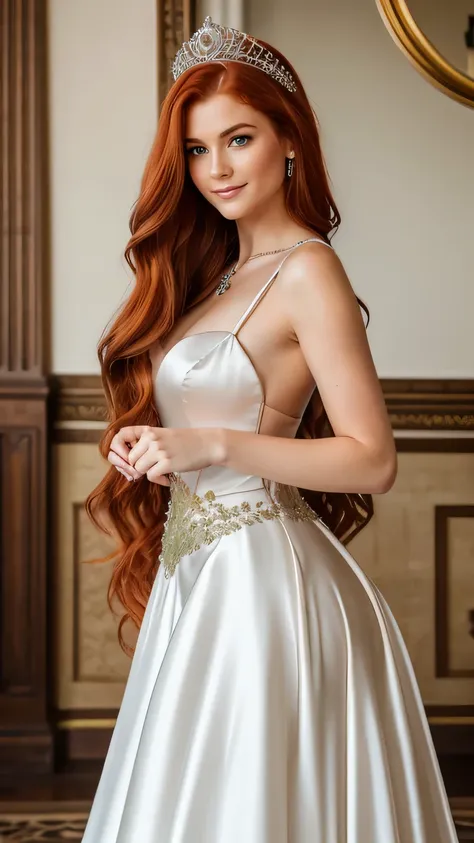 realistic photo of the upper body of a smiling princess, beautiful red haired princess with long hair, she dances in front of th...