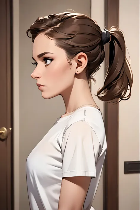 ((masterpiece, best quality)), a woman in a t shirt , looking from the side, with a ponytail