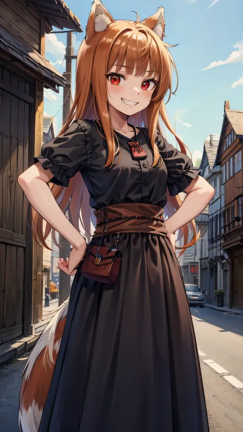 masterpiece, vibrant colours, best quality, detailed, highres, absurdres, score_9, score_8_up, score_7_up, 1girl, long hair, brown hair, animal ears, red eyes, wolf tail, necklace, dress, sash, pouch, hand on hip, smile, grin, town, standing