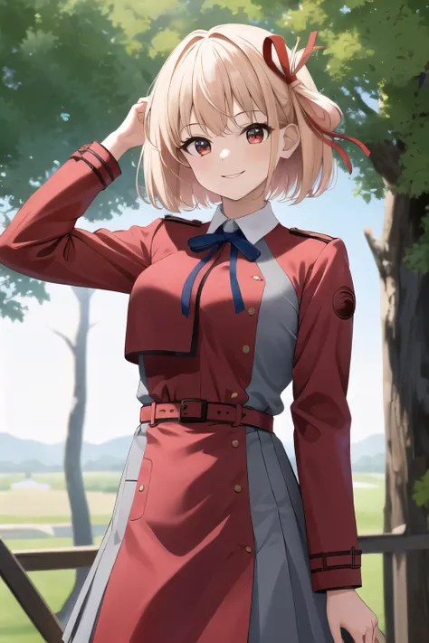 masterpiece, vibrant colours, best quality, detailed, highres, absurdres, score_9, score_8_up, score_7_up, short hair, hair ribbon, breasts, neck ribbon, collared shirt, lycoris uniform, two-tone dress, red dress, grey dress, long sleeves, red belt, standi...