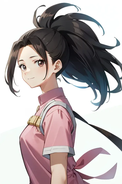 momo mha,yaoyorozu momo,  pink shirt, long hair, smile, upper body, solo, black eyes, looking at viewer, 1girl, shirt, simple ba...