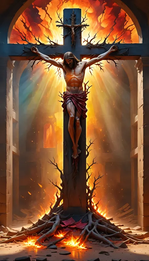 A Gigantic cathedral size stain glass window is ablaze with the image of Jesus Christ of Nazareth,with crown of thorns, being crucified in Golgotha. Colorful glass is glowing with the sunlight blasting through the stain glass pieces in full sparkling glory...