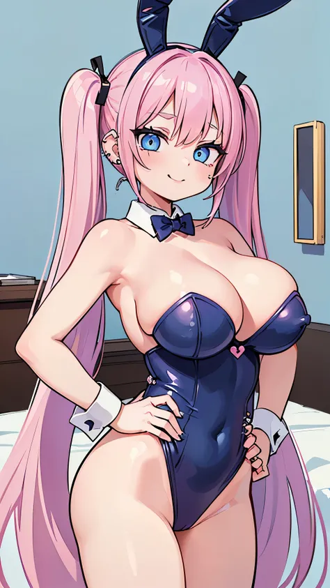 ((masterpiece、Highest quality、Super detailed)、((One girl))、((Pink Hair))、((Twin tails))、((Light blue eyes))、evil smile、lip、((lots of piercings))、((Very large breasts))、((playboy bunny))、Cowboy Shot、Hands on hips、Bedroom Background
