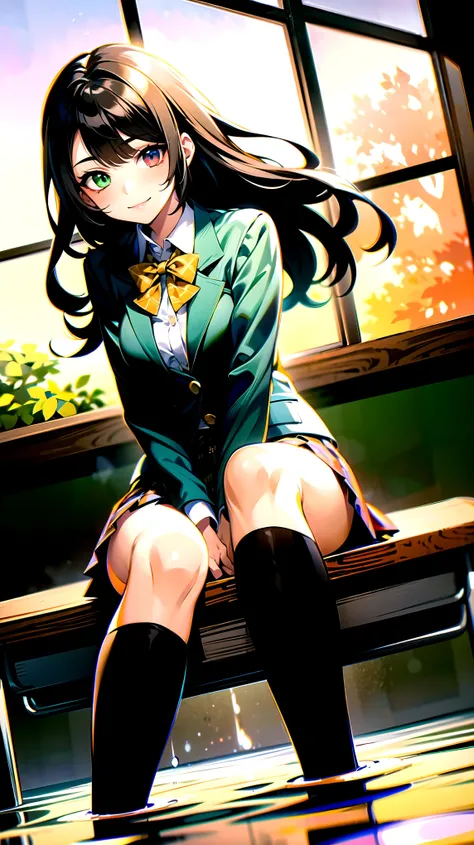 （（super high quality,））（（Ultra-high resolution,））（16K,）（super masterpiece,）（（Ultra HD ,））（Detailed shading,）One high school girl,Blue-green blazer,White dress shirt,The second button is open,（（Yellow striped bow tie,））Brown plaid mini skirt,Skirt flipped u...