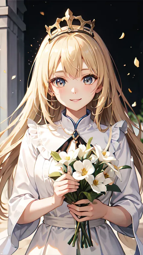 ((Highest quality)), ((masterpiece)), (detailed), One people&#39;s beautiful girl,Almond Eye,bionde,Arab queen,Flowers in the palace garden々,  Touched by her kindness、Colorful, A smile as warm as the sun, people々Lighting up the hearts of