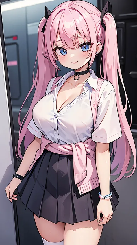 ((masterpiece、Highest quality、Super detailed)、((One girl))、((Pink Hair))、((Twin tails))、((Light blue eyes))、evil smile、lip、((lots of piercings))、((Very large breasts))、((White collared shirt))、((clavicle))、cleavage、((Short sleeve))、bracelet、((Black pleated...