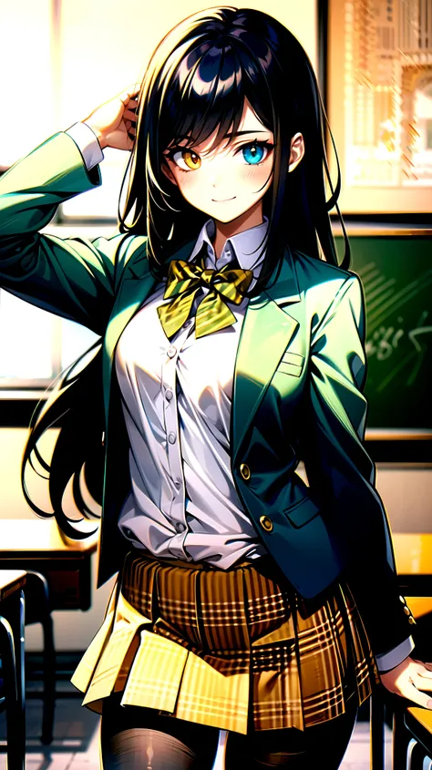 （（super high quality,））（（Ultra-high resolution,））（16K,）（super masterpiece,）（（Ultra HD ,））（Detailed shading,）One mature high school girl,Blue-green blazer,White dress shirt,The second button is open,（（Yellow striped bow tie,））Brown plaid mini skirt,Skirt li...