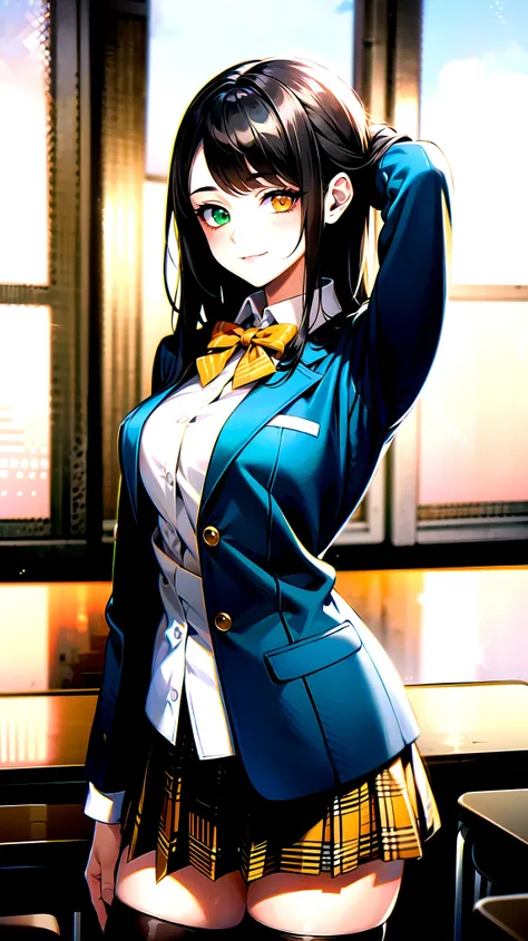 （（super high quality,））（（Ultra-high resolution,））（16K,）（super masterpiece,）（（Ultra HD ,））（Detailed shading,）One mature high school girl,Blue-green blazer,White dress shirt,The second button is open,（（Yellow striped bow tie,））Brown plaid mini skirt,Skirt li...