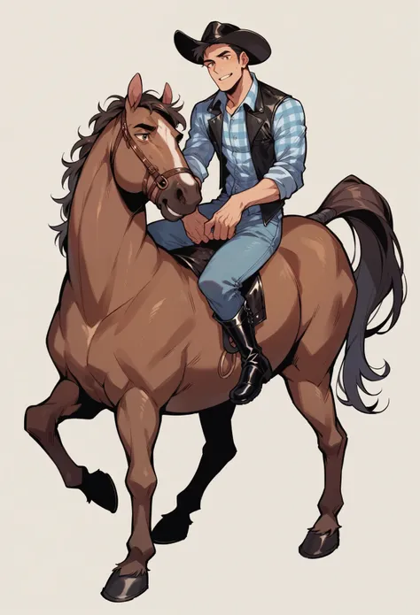 Man riding a horse with a hat, leather boots, a checkered shirt and a leather vest over it