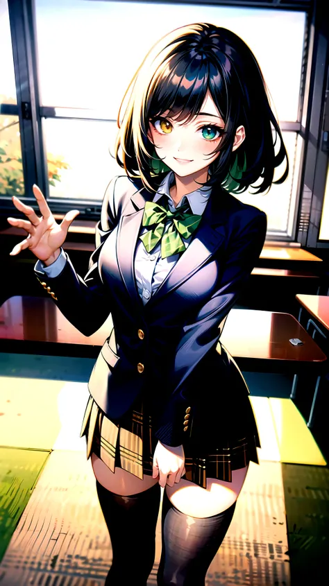 （（super high quality,））（（Ultra-high resolution,））（16K,）（super masterpiece,）（（Ultra HD ,））（Detailed shading,）One mature high school girl,Blue-green blazer,White dress shirt,The second button is open,（（Yellow striped bow tie,））Brown plaid mini skirt,Black lo...