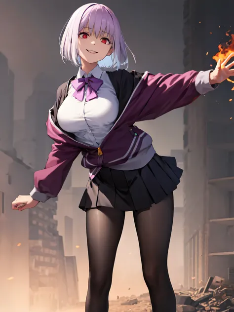 male, short hair, Red eyes, Large Breasts, Purple bow tie, Collared shirt, White shirt, Purple Jacket, Partially defrosted, Long sleeve, Sleeves are longer than the wrist, Pleated skirt, Black Skirt, pantyhose, smile, Waist clothes, night, dark, room, Shin...