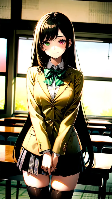 （（super high quality,））（（Ultra-high resolution,））（16K,）（super masterpiece,）（（Ultra HD ,））（Detailed shading,）One mature high school girl,Blue-green blazer,White dress shirt,The second button is open,（（Yellow striped bow tie,））Brown plaid mini skirt,Black lo...