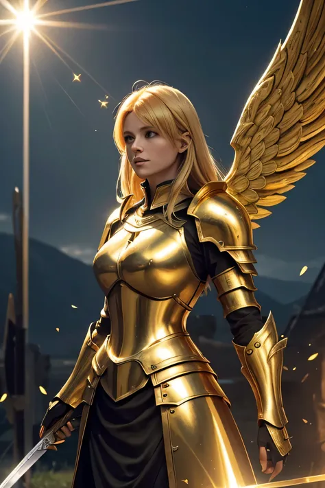 a woman, gold hair, green eyes, angel wings, golden halo, battle armor, standing upright, decending onto a battlefield, sword made of gold, stabbing a knight, Lens Flare, shining, bloody