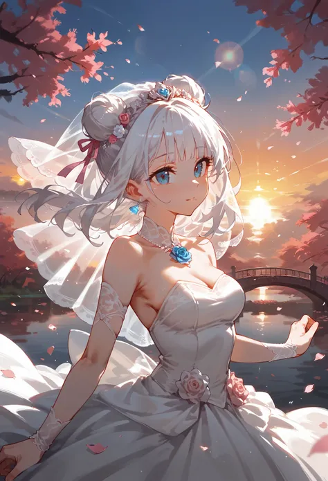 1girl, solo, score_9, score_8_up, score_7_up, sunny, best quality, absurdres, amazing quality, very artistic, medium hair,blunt bangs, white hair, hairbuns, lake, bridge, wedding dress, Pink ribbons in hair, medium breasts, blue eyes, Expressiveh, bokeh, w...