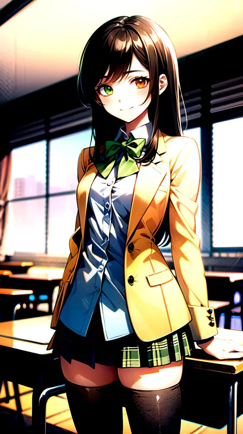 （（super high quality,））（（Ultra-high resolution,））（16K,）（super masterpiece,）（（Ultra HD ,））（Detailed shading,）One mature high school girl,Blue-green blazer,White dress shirt,The second button is open,（（Yellow striped bow tie,））Brown plaid mini skirt,Black lo...