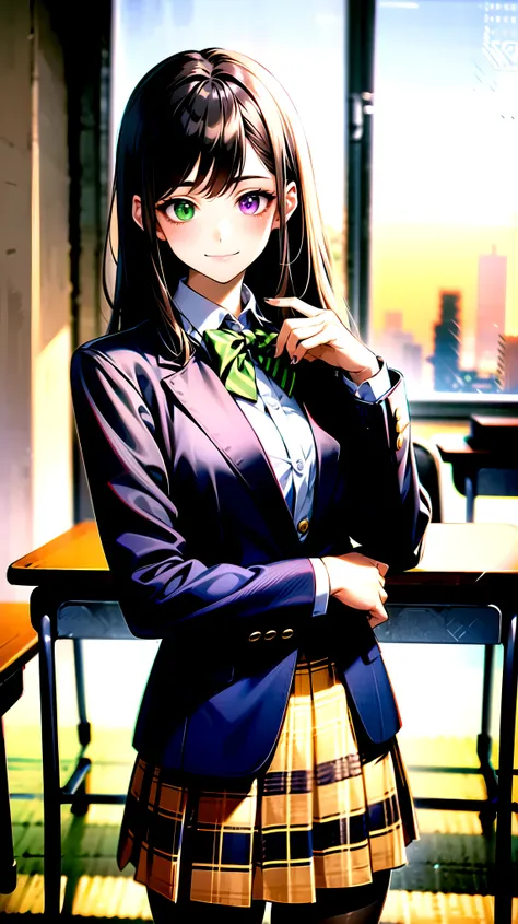 （（super high quality,））（（Ultra-high resolution,））（16K,）（super masterpiece,）（（Ultra HD ,））（Detailed shading,）One mature high school girl,Blue-green blazer,White dress shirt,The second button is open,（（Yellow striped bow tie,））Brown plaid mini skirt,Black lo...