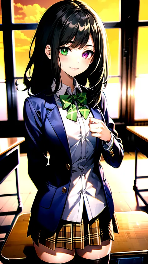 （（super high quality,））（（Ultra-high resolution,））（16K,）（super masterpiece,）（（Ultra HD ,））（Detailed shading,）One mature high school girl,Blue-green blazer,White dress shirt,The second button is open,（（Yellow striped bow tie,））Brown plaid mini skirt,Black lo...