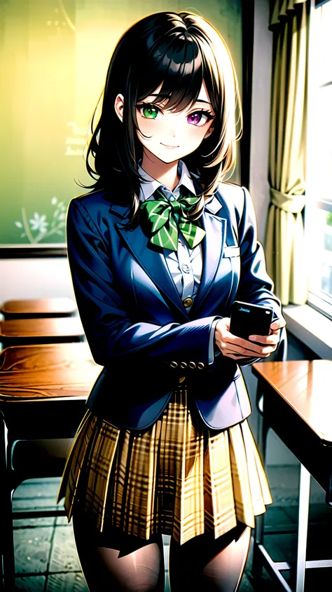 （（super high quality,））（（Ultra-high resolution,））（16K,）（super masterpiece,）（（Ultra HD ,））（Detailed shading,）One mature high school girl,Blue-green blazer,White dress shirt,The second button is open,（（Yellow striped bow tie,））Brown plaid mini skirt,Black lo...