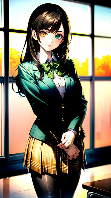 （（super high quality,））（（Ultra-high resolution,））（16K,）（super masterpiece,）（（Ultra HD ,））（Detailed shading,）One mature high school girl,Blue-green blazer,White dress shirt,The second button is open,（（Yellow striped bow tie,））Brown plaid mini skirt,Black lo...