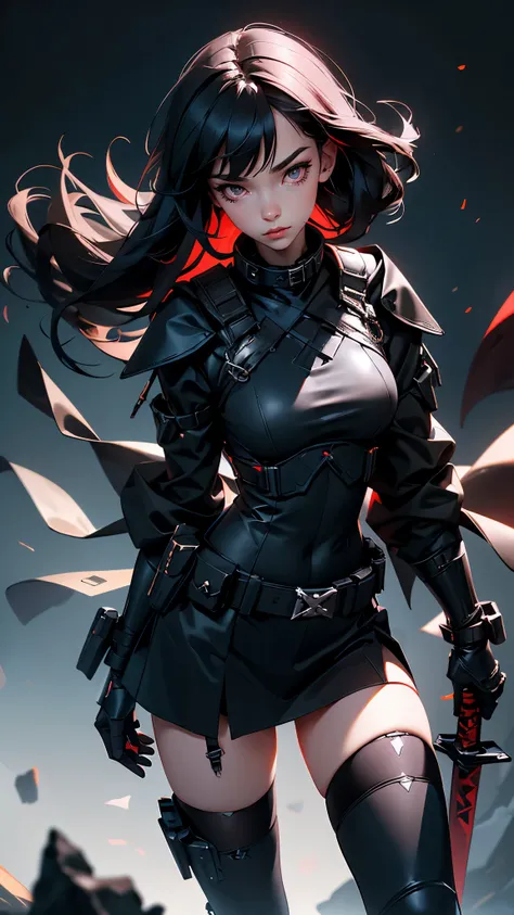 envision a 8k, highres, cinematic, beautiful full body Pinup of a sexy tomboy goth with a slender plump body, strong face, long black hair, long bangs, ((Red eyes)), Tight black Leotard, Military Dress, Metal Collar, Riot Gear, Police Vest, Utility Belt, G...