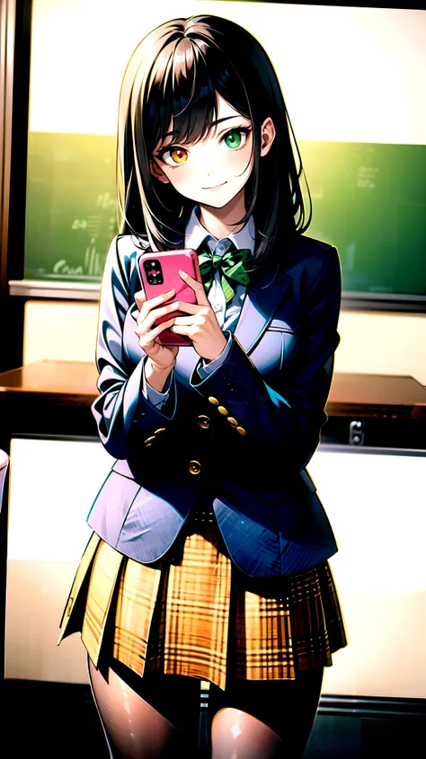 （（super high quality,））（（Ultra-high resolution,））（16K,）（super masterpiece,）（（Ultra HD ,））（Detailed shading,）One mature high school girl,Blue-green blazer,White dress shirt,The second button is open,（（Yellow striped bow tie,））Brown plaid mini skirt,Black lo...