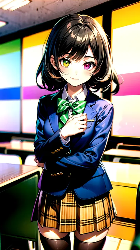 （（super high quality,））（（Ultra-high resolution,））（16K,）（super masterpiece,）（（Ultra HD ,））（Detailed shading,）One mature high school girl,Blue-green blazer,White dress shirt,The second button is open,（（Yellow striped bow tie,））Brown plaid mini skirt,Black lo...