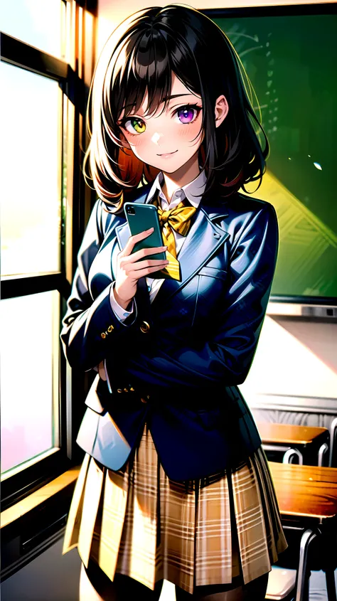 （（super high quality,））（（Ultra-high resolution,））（16K,）（super masterpiece,）（（Ultra HD ,））（Detailed shading,）One mature high school girl,Blue-green blazer,White dress shirt,The second button is open,（（Yellow striped bow tie,））Brown plaid mini skirt,Black lo...