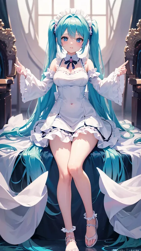 (((anime-style cute face)))、Hatsune Miku、beautiful、blush、Very big blue eyes、anatomically correct body、Thighs、The face is bright、Professional Lighting、Cute beautiful breasts、(Highest quality1.5, Anime artwork, Anime Style, Studio Anime, Very detailed, Anime...