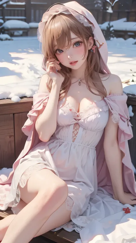 （8K，RAW photos， Best quality， masterpiece：1.2），（Realistically， Photo-realistic：1.4)，Hide your face with sadness，
Lolita clothing，Lace， Alice Gainsborough， Upper part of the body，thigh，Lace， underwear，Expose bare shoulders， external， (external，Snow Covered，...