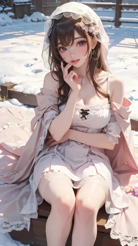 （8K，RAW photos， Best quality， masterpiece：1.2），（Realistically， Photo-realistic：1.4)，Hide your face with sadness，
Lolita clothing，Lace， Alice Gainsborough， Upper part of the body，thigh，Lace， underwear，Expose bare shoulders， external， (external，Snow Covered，...