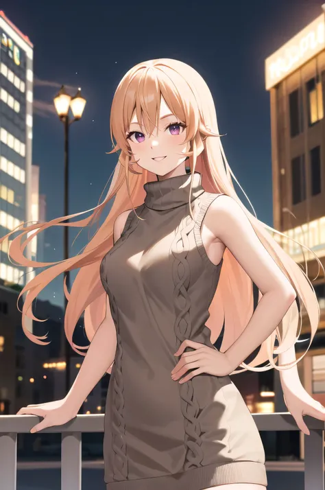 masterpiece, best quality, highres, aaerina, long hair, sweater dress, turtleneck, sleeveless, night, city, standing, smile