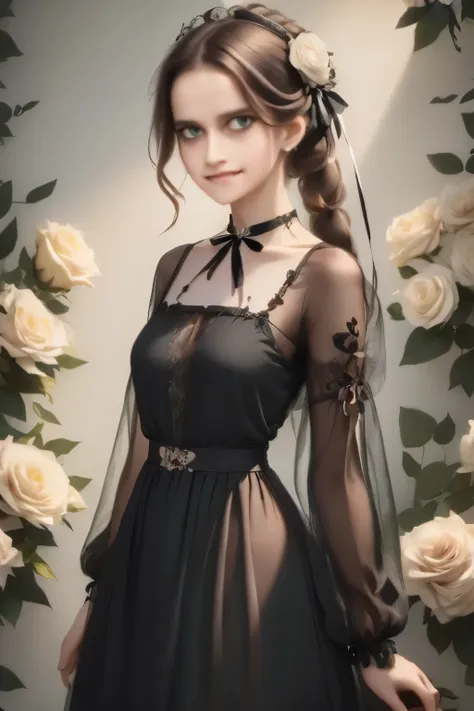 ((masterpiece, best quality)),best aesthetic,1girl, solo, long hair, black dress, flower, ribbon, black background, black hair, ...