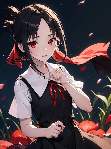 masterpiece, best quality, highres, absurdres, vibrant colours, score_9, score_8_up, score_7_up, detailed, bbkaguya, short hair, folded ponytail, hair ribbon, parted bangs, neck ribbon, red ribbon, pinafore dress, white shirt, short sleeves, night, from be...