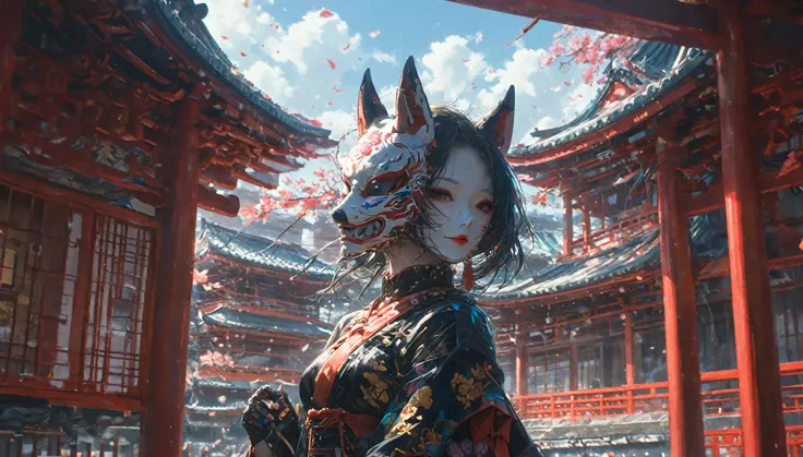 Earrings、hair ornaments、An image of a female android wearing a kimono dress and a fox mask strolling through a Kyoto shrine has been created。The style is also terrible.、人間とrobotの融合は美しさの中に神秘的でSpooky atmosphereがある。Torii gate in the background、There is a shri...