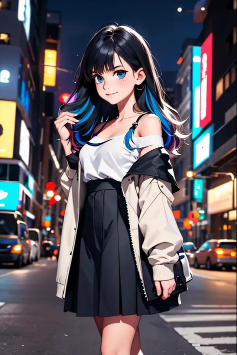 1girl, black_skirt, blue_hair, building, city, cityscape, hair_between_eyes, jacket, looking_at_viewer, medium_hair, multicolore...