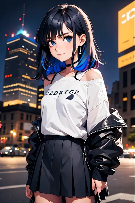 1girl, black_skirt, blue_hair, building, city, cityscape, hair_between_eyes, jacket, looking_at_viewer, medium_hair, multicolore...