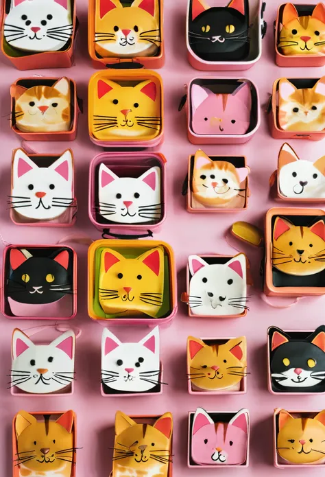 create a sheet of cats in rows, bento box style